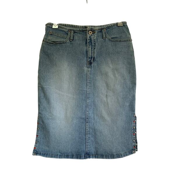 Vintage Y2K Bedazzled Denim Mini Skirt High Waist Size Medium - Picture 1 of 7